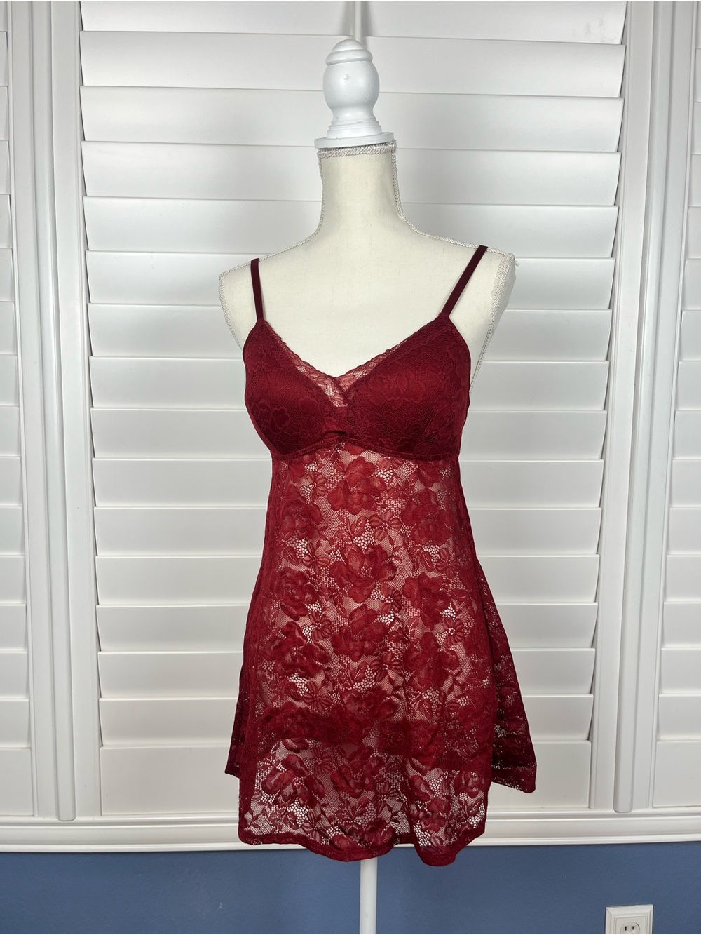 Burgundy Sheer Floral Lace Babydoll Chemise Nightgown Slip Dress SM